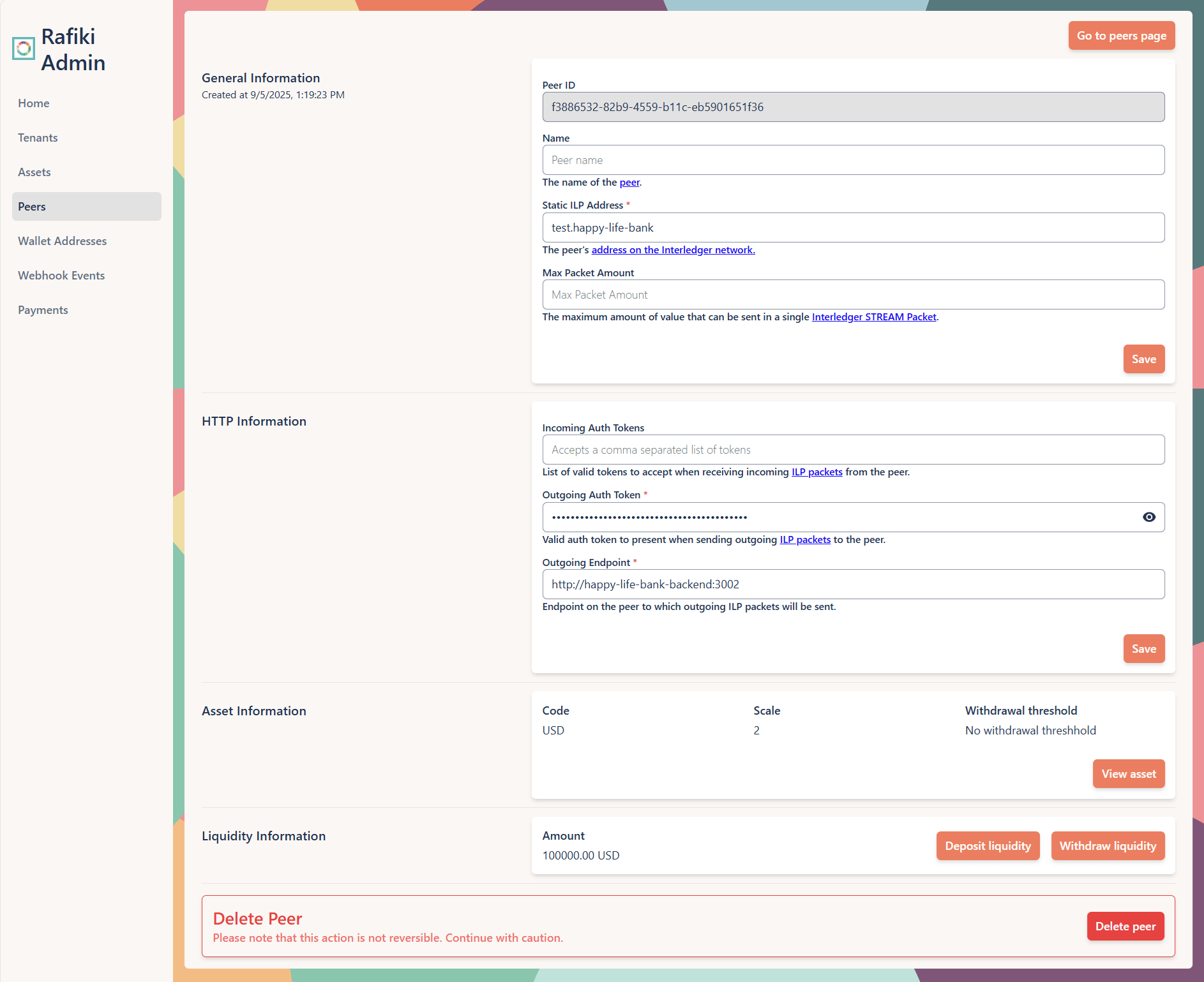 A screenshot of the Rafiki Admin application user interface displaying the "Edit Peer" section. It shows several text fields configured for an existing peer. This page is used to view peer details, edit peer details, and delete a peer.